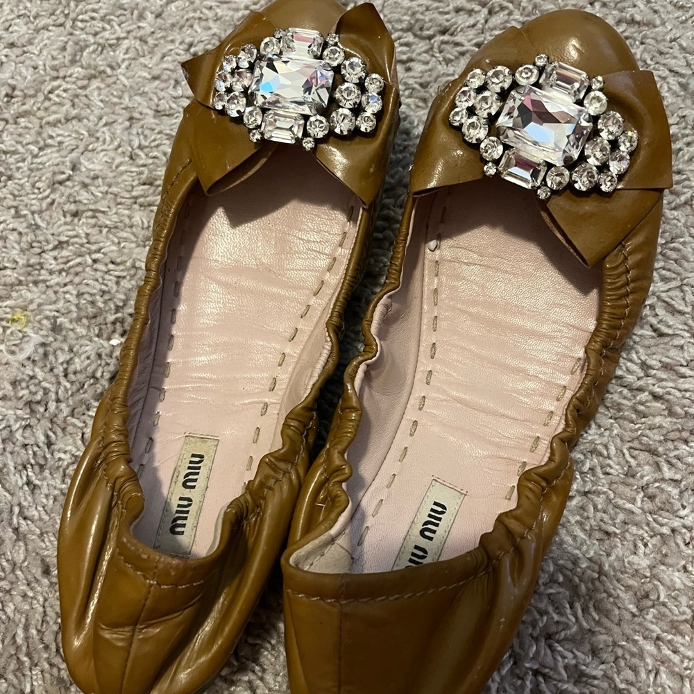 Miu Miu Brown Flats with Crystal Embellishment